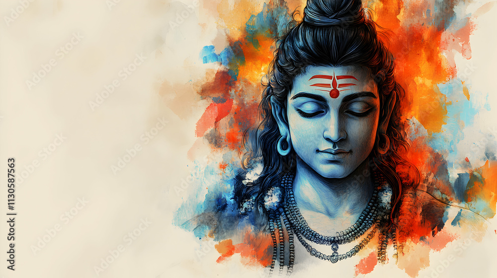 Fototapeta premium Serene Watercolor Painting of a Hindu Deity, Eyes Closed in Peaceful Meditation, Spiritual Artwork with Vibrant Colors
