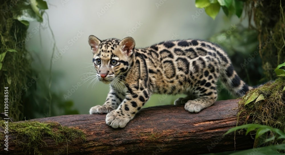 Obraz premium Young clouded leopard in lush jungle environment, exploring nature