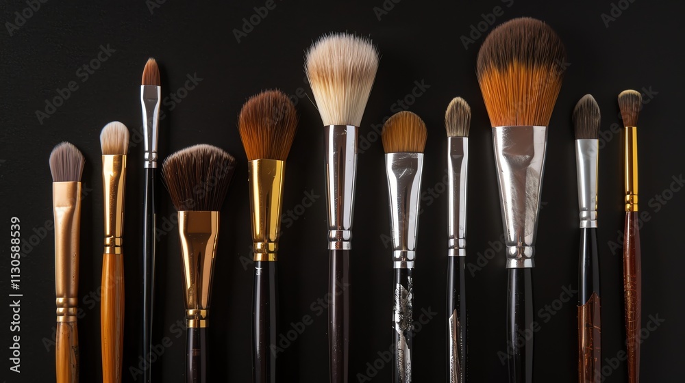 Fototapeta premium A row of makeup brushes on a black background.