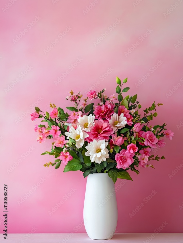 Fototapeta premium Pink Flowers in White Vase - Delicate pink and white flowers, spring blooms, elegant vase, soft pink background, beauty in nature.