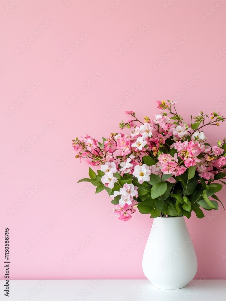 Naklejka premium Pink Flowers in White Vase - Delicate pink blossoms, spring beauty, floral arrangement, vase, pink background. Symbolizing: romance, serenity, freshness, new beginnings, elegance.