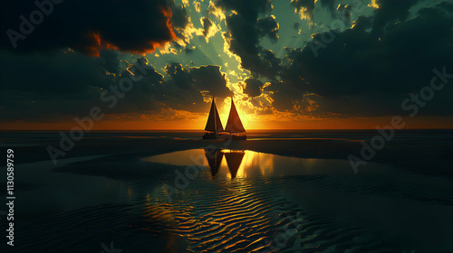 Sunset Sailboats, Dramatic Ocean Scene at Dusk with Golden Hues and Dark Clouds