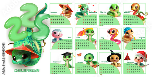 2025 calendar with cute cartoon snakes