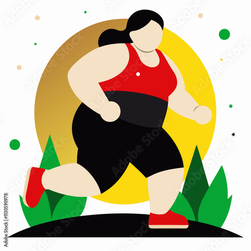 A plus-size woman jogging outdoors against the backdrop of nature, promoting body positivity, health and fitness.Vector color flat illustration for websites and blogs about sports and healthy lifestyl