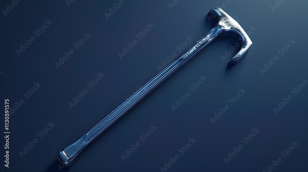 A steel crowbar with a glossy finish on a solid dark blue background.