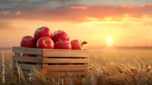 Red Apples in Wooden Crate at Sunset Harvest - Juicy red apples freshly picked, symbolize abundance, harvest, autumn, healthy eating, and nature's bounty.  Sunset adds a touch of warmth and serenity. photo
