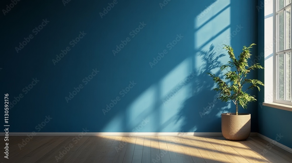 Fototapeta premium A front view of a simple blue wall in a boy's room, showcasing a minimalist design with soft, calming tones, perfect for creating a peaceful, modern atmosphere in children's bedroom decor.