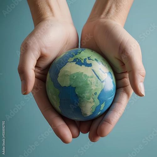 An isolated close-up image of a small globe painted in shades of green and blue, held gently by a pair of hands, on an isolated white background photo