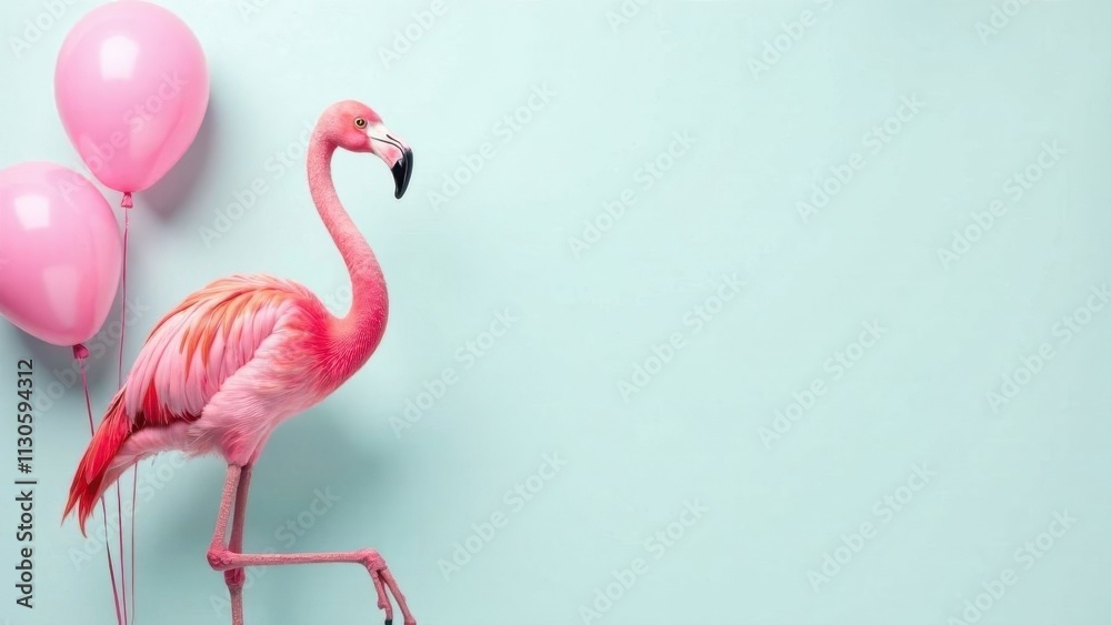 Fototapeta premium pink flamingo with balloons on blue background, birthday greeting concept, space for text, card layout