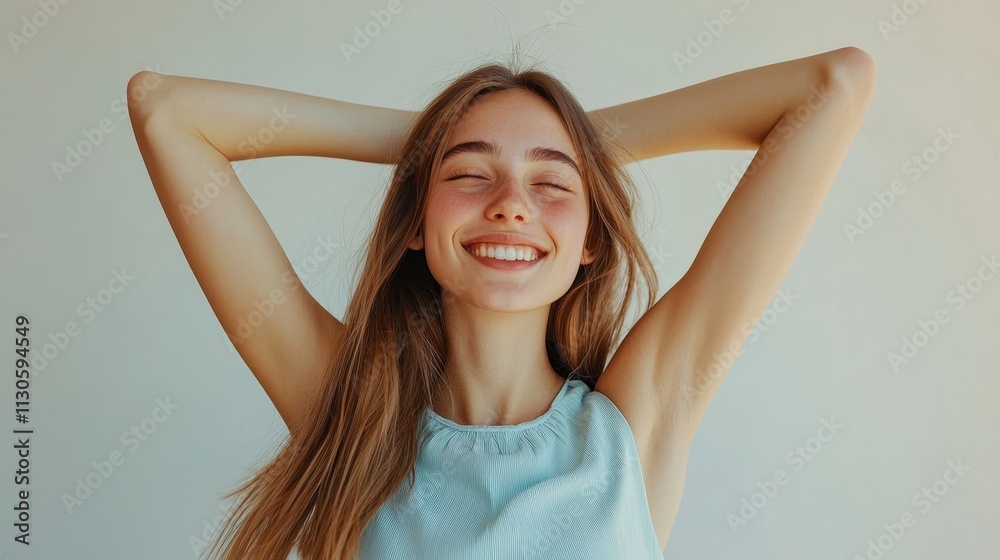 Fototapeta premium Joyful young woman stretching with a radiant smile against a light background