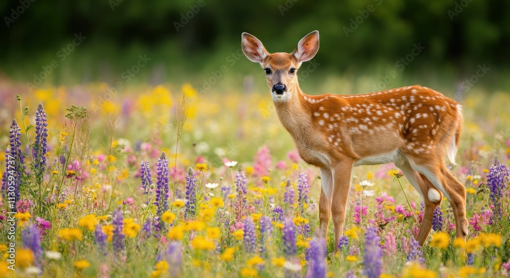 Fototapeta premium Young deer in vibrant wildflower meadow during springtime