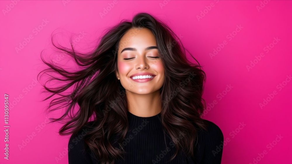 Fototapeta premium A woman with long brown hair smiling and blowing in the wind