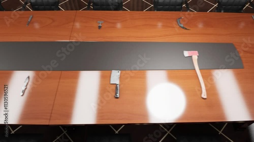 Approaching danger. The camera moves slowly along the table where the cold steel arms are placed.