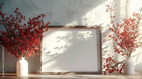 Drawing mockup and red fluffy flowers on table. Photo frame template with bright bouquets at sunlight advertising image. Placard mock up and floral ornament product photorealistic