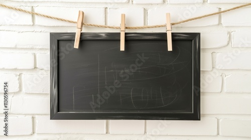 Notice blackboard mockup hanging near white wall. Vintage board with frame and clothes pins template advertising image. Home interior with chalkboard mock up product photorealistic