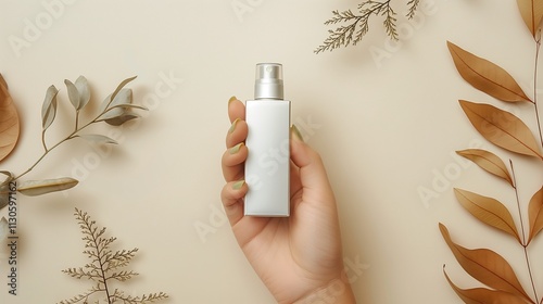 Female hand holding sleek minimalist spray bottle mockup in dried leaves. Natural skincare foliage organic autumnal cosmetics template advertising image. Mock up product photorealistic