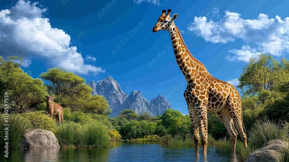 Obraz premium Majestic Giraffe Gracefully Stands Near Tranquil Water in Scenic Landscape Surrounded by Lush Greenery and Majestic Mountains Under Clear Blue Sky