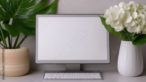 Cozy workplace with mockup computer monitor and plants. Composition with houseplants and pc display template advertising image. Screen mock up on desk product photorealistic