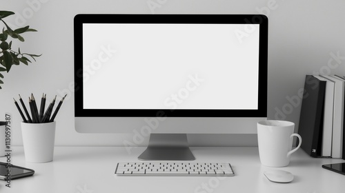 Cozy workplace with working computer screen mockup. Pc monitor with coffee cup and office supplies template advertising image. Display mock up on desk product photorealistic