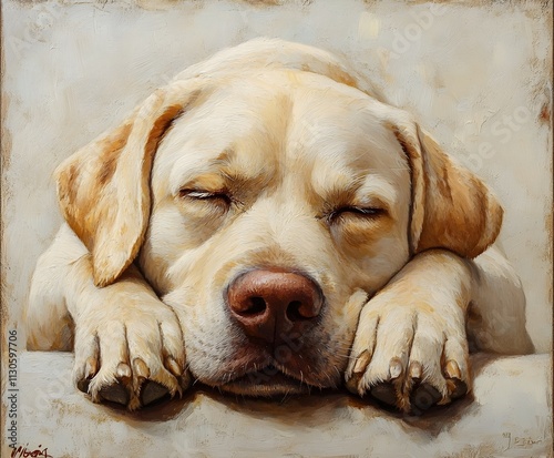 labrador retriever dog  sleepy Labrador with its eyes half-closed, resting on a light cream backdrop. photo