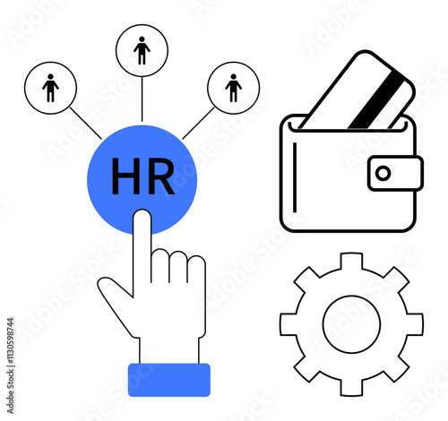 Human hand touches HR button connected to people icons, alongside wallet with card and gear symbols. Ideal for HR systems, payroll, employee management, business operations, finances, technology