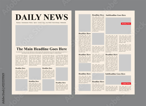 Daily newspaper design, the daily news, old style newspaper with text and Photos placeholder. 