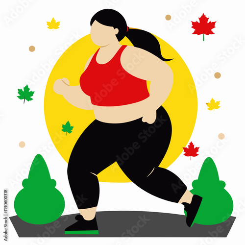 A plus-size woman jogging outdoors against the backdrop of nature, promoting body positivity, health and fitness.Vector color flat illustration for websites and blogs about sports and healthy lifestyl
