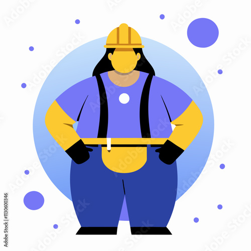 Female construction worker in protective helmet and vest.Color vector illustration in flat style radiates strength and determination.