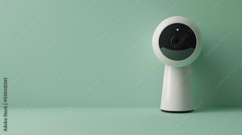 A wireless home security camera on a solid light green background.