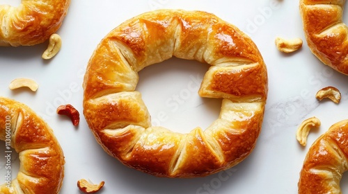 Glazed Round Pastry with Golden Brown Surface and Cashews on White Background