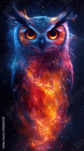 A vibrant cosmic owl with fiery colors, blending nature and space in a stunning visual.