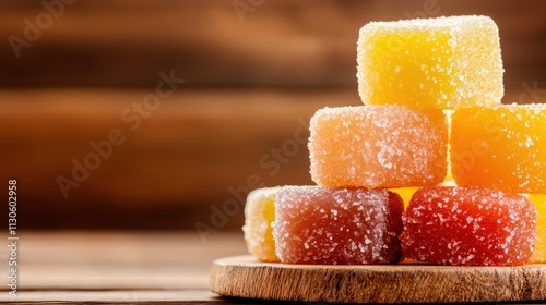 Colorful Sugar-Coated Jelly Candies Stacked on Wooden Surface Against Brown Background photo