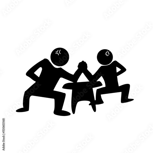 Silhouette of two men competing in an arm-wrestling match, isolated on a white background; cartoon doodle hand drawn, ink painting, vector illustration