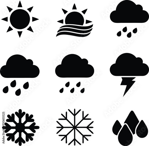 Weather Icons Sun, Rain, Clouds, Snow, and Storm Symbols