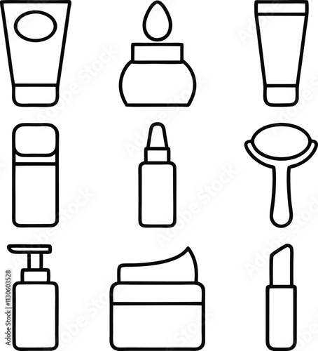 Beauty product icons cream, lotion, serum, lipstick, and more