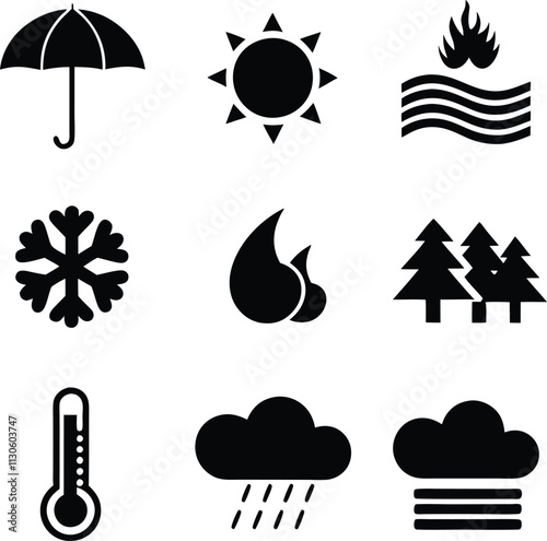 Weather Icons Sun, Rain, Snow, Fire, Wind, Umbrella, Temperature, Clouds, Trees, Water