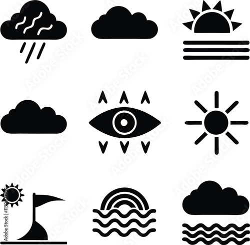 Weather Icons Sun, Rain, Clouds, Eye, Rainbow, Sea, Wind