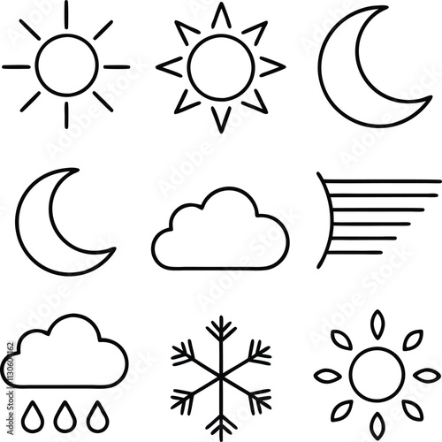 Weather Icons Sun, Moon, Cloud, Rain, Snow, Minimalist Design