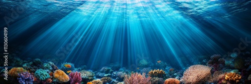 Sunbeams Dance on Vibrant Coral Reef - Underwater scene, sunbeams illuminate a colorful coral reef teeming with life, symbolizing serenity, beauty, biodiversity, fragility, and the ocean's mystery. photo