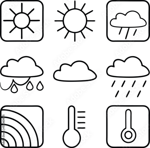 Weather Icons Sun, Cloud, Rain, Rainbow, Thermometer, Forecast Symbols