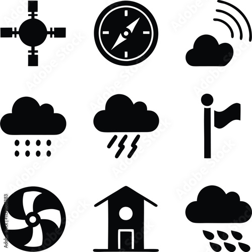 Weather Icons Navigation, Cloud, Rain, Storm, Wind, Satellite, Location