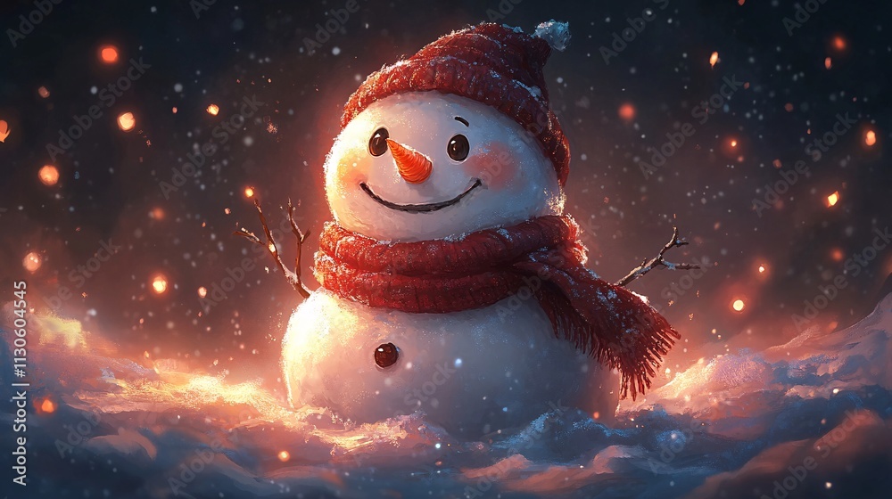 Obraz premium A cute, smiling snowman with a scarf, capturing the essence of a winter fairytale, perfect for a Merry Christmas and Happy New Year greeting card.