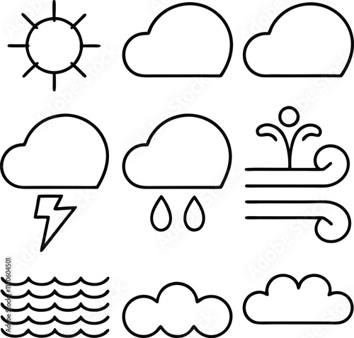 Weather Icons Sun, Clouds, Rain, Wind, Lightning, Waves