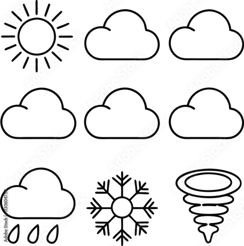 Weather Icons Sun, Clouds, Rain, Snow, and Tornado Symbols