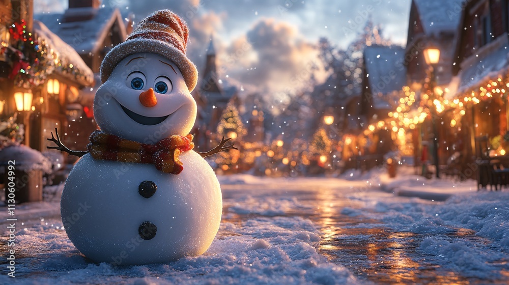 Obraz premium A joyful, smiling snowman in a winter wonderland, ideal for a Merry Christmas and Happy New Year holiday greeting card.