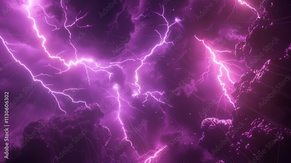 Multiple lightning bolts creating a spectacular display on a solid dark purple background.