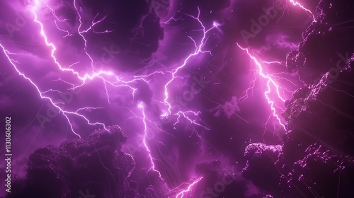 Obraz na płótnie Multiple lightning bolts creating a spectacular display on a solid dark purple background. w salonie