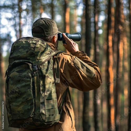 War concept: soldier with backpack and binoculars.