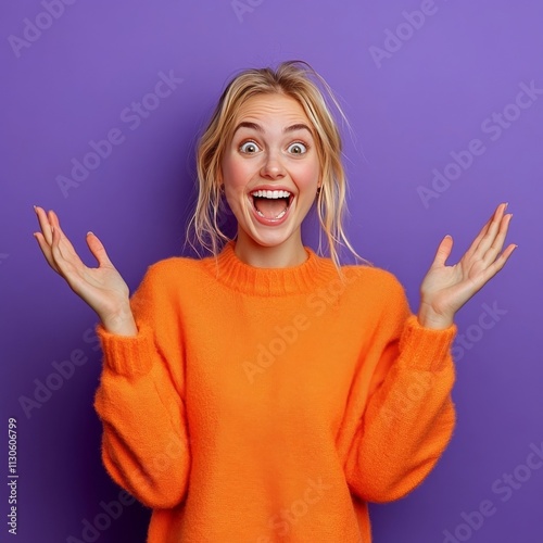 Emotive woman celebrates in orange jumper, feels joy. photo