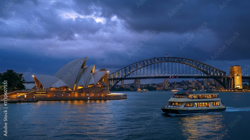 Naklejka premium Night scene: illuminated building, bridge, vessel, dark clouds.